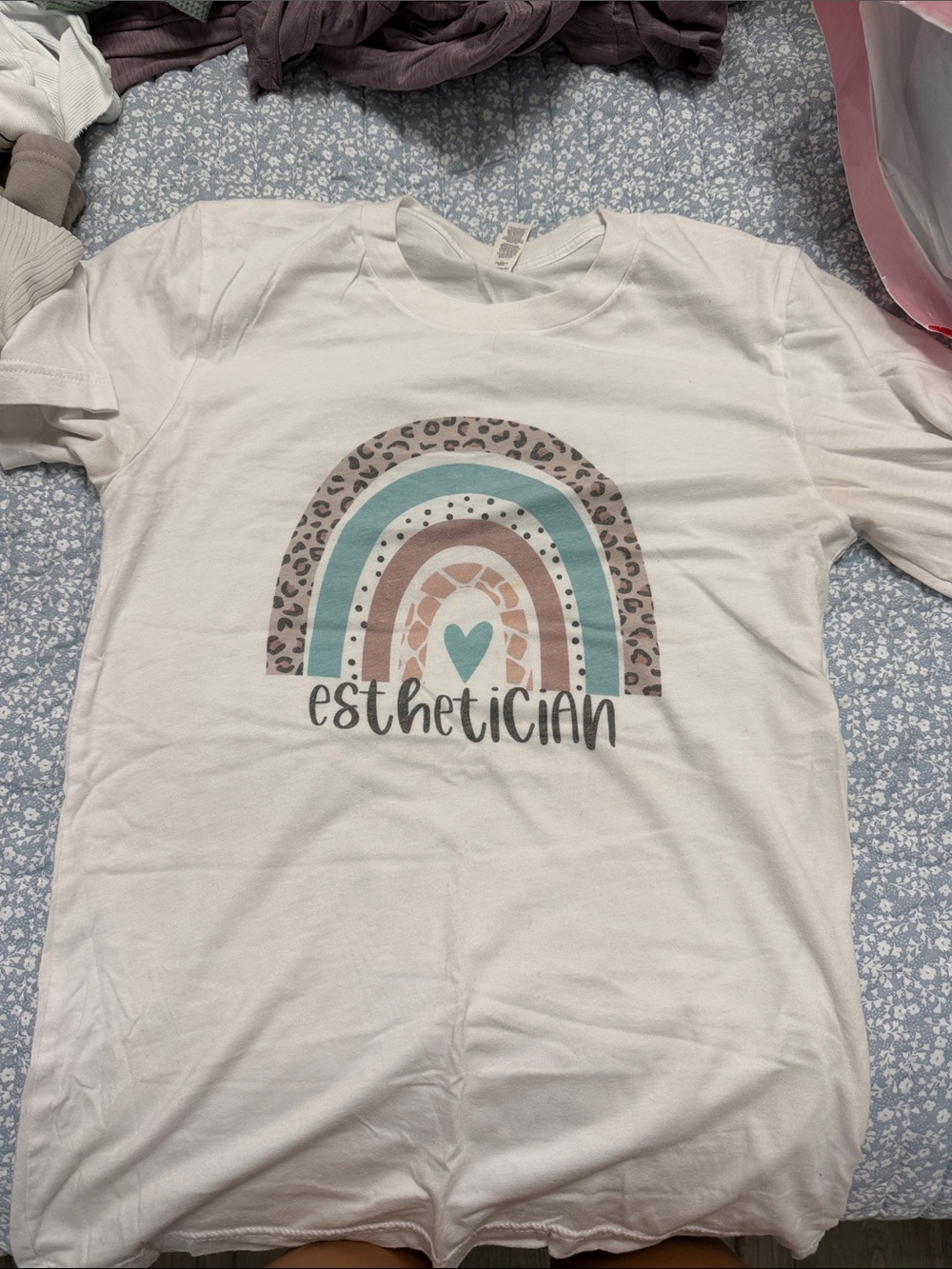 adidas White Short Sleeve Tee with Teal, Taupe & Brown Rainbow Graphic